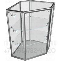 Шестиугольный угловой прилавок из профиля со стеклянными полками