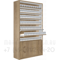 Сигаретный торговый шкаф с семью синхронными шторками с тумбой с выдвижными ящиками в открытом виде