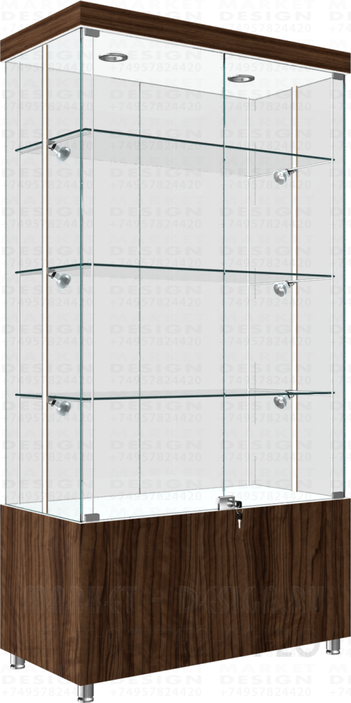 Стеклянная прямоугольная витрина на подиуме с тремя полками