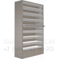 Сигаретный металлический шкаф с синхронными дверями на восемь уровней полок в открытом виде 
