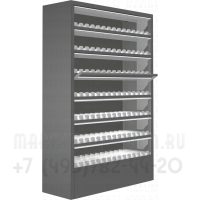 Металлический шкаф для сигарет с синхронными флепами на семь уровней полок в открытом виде
