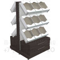 Двусторонний стеллаж с наклонными полками и лотками