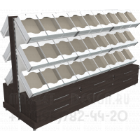 Двусторонний стеллаж с наклонными полками и лотками для продажи конфет вместе
