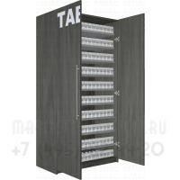 Стенд для продажи сигарет с распашными дверками с десятью уровнями полок в открытом состоянии