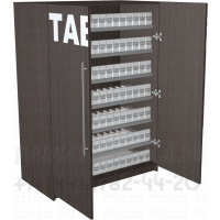 Сигаретный стенд с распашными дверками с семью уровнями полок в открытом состоянии