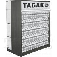 Витрина шкаф для продажи сигаретных изделий со шторкой с 5-ю гравитационными полками в открытом состоянии