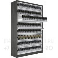 Шкаф для табачных упаковок с восемью уровнями полок с синхронными дверками в открытом состоянии