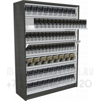 Шкаф для табачных пачек с семью уровнями полок с синхронными дверками в открытом состоянии
