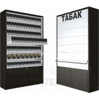 Шкаф для продажи табачных пачек с семью уровнями полок с синхронными дверками и подтоварной тумбой распашные двери