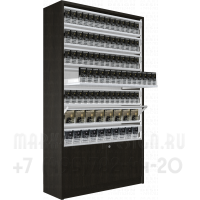 Шкаф для табачных пачек с семью уровнями полок с синхронными дверками и подтоварной тумбой распашные двери в открытом состоянии