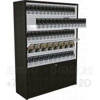 Шкаф табачный с пятью уровнями полок с синхронными дверками и тумбой распашные двери в открытом состоянии
