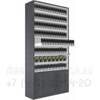 Шкаф для продажи табачных упаковок с восемью уровнями полок с синхронными дверками и тумбой выдвижные ящики в открытом состоянии