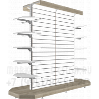 Двусторонний стеллаж с экономпанелью и трапецевидными полками