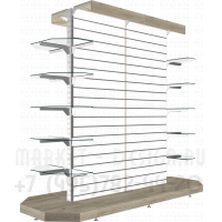 Двусторонний стеллаж с экономпанелью и трапецевидными стеклянными полками