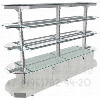 Двусторонний стеллаж без задней стенки с тумбами накопителями для торговли