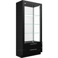 Глянцевая витрина с подсветкой в боковых стойках с выдвигающимися ящиками в подтоварной тумбой