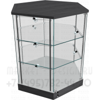 Шестигранный прилавок с рабочей поверхностью и стеклянными полками