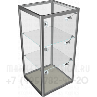Квадратный остеклённый прилавок из алюминиевого профиля с двумя стеклянными полками