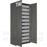Стенд для сигарет с распашными дверками с одиннадцатью уровнями пушерных полок  в открытом состоянии