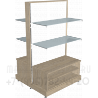 Стеллаж торговый двусторонний с матовыми полками из стекла и тумбой