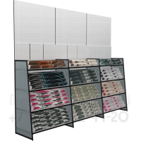Односторонний стеллаж для обоев с высокой задней стенкой для выклейки образцов с возможностью демонстрации и хранения рулонов