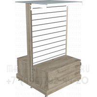 Островной торговый стеллаж с экономпанелью и верхней полкой матовое стекло с тумбами два ящика