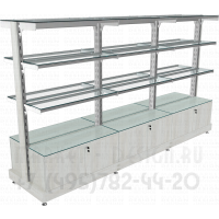 Островные стеллажи без задней стенки со стеклянными полками и стеклом на тумбах