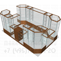 Павильон из стекла с регулировкой полок в ТЦ вид сзади