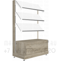 Пристенный стеллаж для торговли с наклонными полками с подтоварной тумбой выдвижной ящик