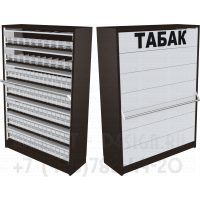 Семиуровневый сигаретный шкаф с синхронными дверками в открытом и закрытом виде