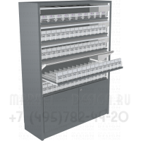 Шкаф сигаретный с пятью синхронными шторками с накопительной тумбой в открытом виде