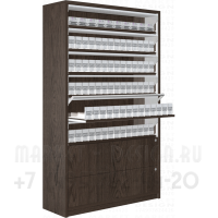Шкаф сигаретный с шестью синхронными шторками с тумбой с выдвижными ящиками в открытом виде