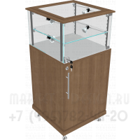 Стеклянный квадратный торговый прилавок с тумбой накопителем с распашной дверкой