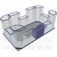 Стеклянный островной павильон для расположения в торговых помещениях