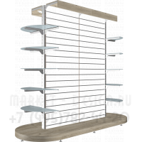 Стеллаж двусторонний с экономпанелью и полукруглыми полками матовое стекло