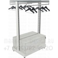 Стеллаж двусторонний с верхней полкой и вешалами без стенки с тумбой выдвижной ящик