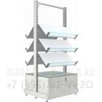 Стеллаж островной без стенки с наклонными полками и тумбой распашные дверки