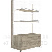 Стеллаж пристенный полки с ограничителями с тумбой с выдвижными ящиками