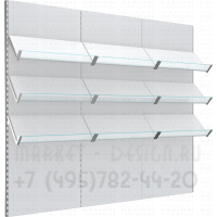 Стеллаж с наклонными полками и стеклянным ограничителем вместе