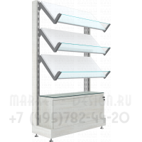Стеллаж торговый без стенки с наклонными полками со стеклянными ограничителями и тумбой выдвижной ящик