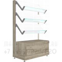 Стеллаж торговый с полками со стеклянными ограничителями и тумбой выдвижной ящик