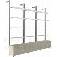 Стеллажи со стеклянными полками и подтоварными тумбами