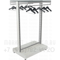 Торговый двусторонний стеллаж без задней стенки с общей верхней полкой и вешалами