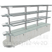 Торговый остров без стенки с торцевым стеллажом с полукруглыми полками