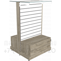 Торговый островной стеллаж с экономпанелью и верхней полкой из стекла с тумбами два ящика