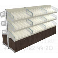 Торговый островной стеллаж с полками перегородками без накладок вместе