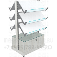 Торговый островной стеллаж с тумбой распашные дверки
