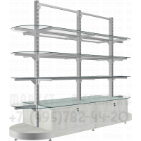 Торговый стеллаж остров без задней стенки с полукруглыми полками из стекла и тумбами
