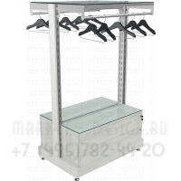 Торговый стеллаж островной без стенки с общей полкой и вешалами со стеклом на тумбе