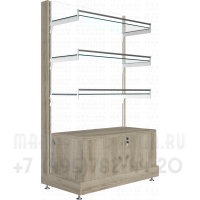 Торговый стеллаж с полками с ограничителями и тумбой распашные дверки